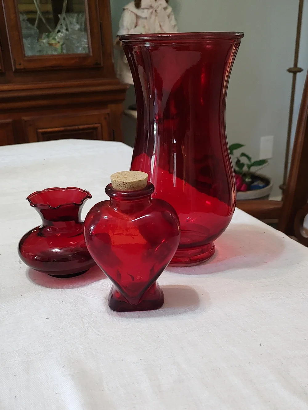 Ruby Red Glass Heart Bottle with Two Matching Accent Vases